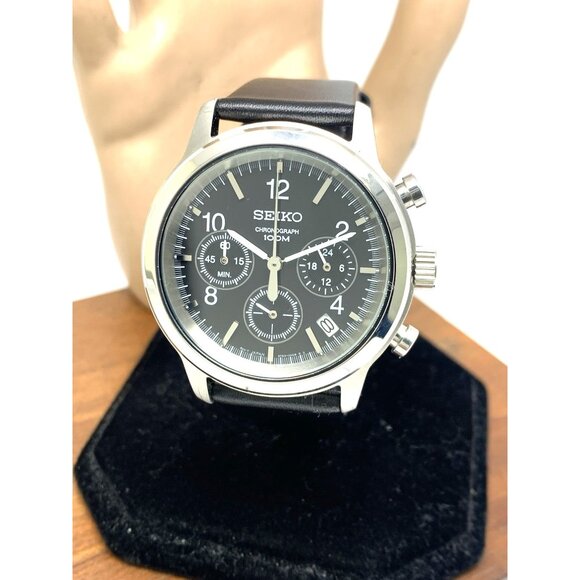 Seiko Men's Watch SSB007 Quartz Chronograph Black Dial Leather Strap 40mm - Picture 13 of 14